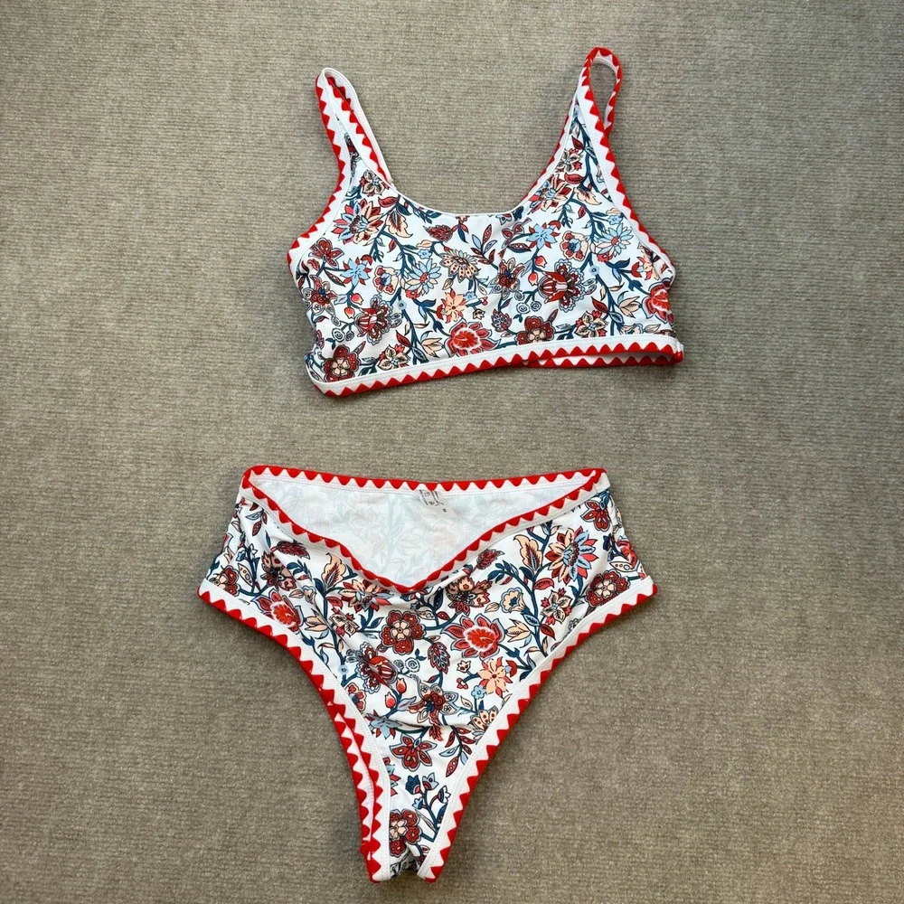 Women's M Floral Print Two Piece Sexy Bikini Set High Waist Round Neck Swimwear
